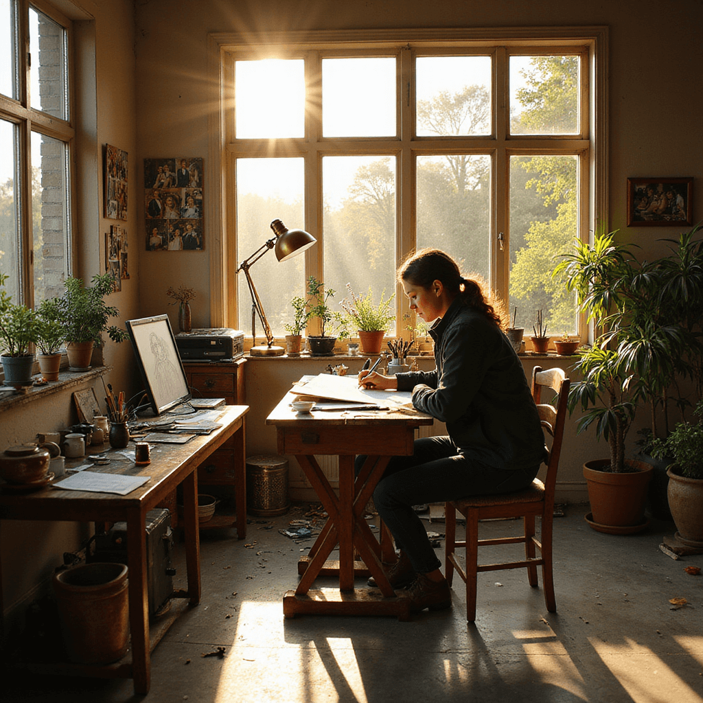 An artist's studio during golden hour, with an illustrator working on a wedding caricature at a wooden drafting table by large windows. The workspace is a mix of traditional and digital art supplies, vintage lamps, potted plants, and inspiration boards. Warm light and shadows play across the concrete floor.