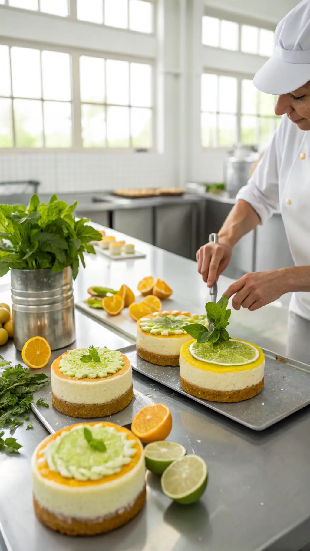 A bright commercial kitchen scene with morning light highlighting hands decorating a citrus-themed mojito cake with mint and lime zest on a stainless steel counter, surrounded by citrus slices, herb bundles, and pastry tools.