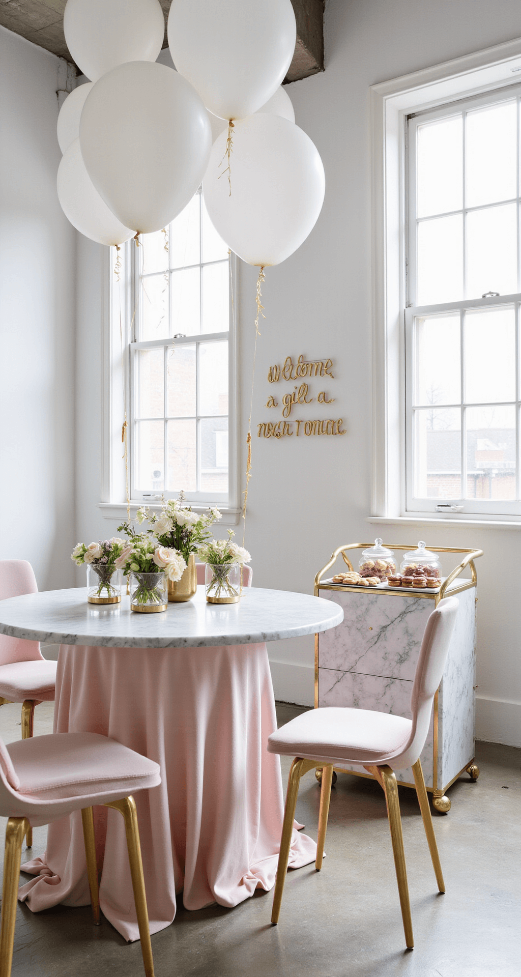 A contemporary baby shower setup in a bright loft featuring round marble tables with pink velvet linens, brass terrariums with flowers, ghost chairs with blush cushions, white balloons with ribbons, and a marble dessert cart with macarons and petit fours below a neon welcome sign.
