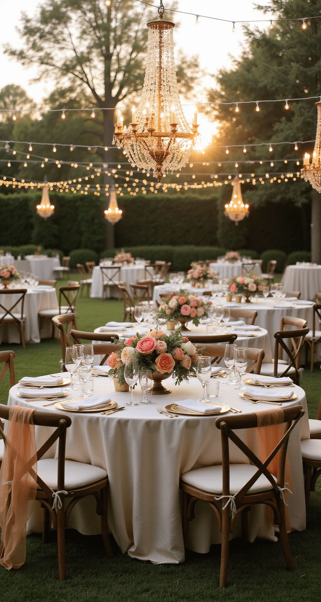 The Ultimate Guide to Wedding Cake Flowers: Stunning Designs That Wow Elevated view of a golden-hour garden wedding reception with ivory-draped round tables, crystal chandeliers, lush floral centerpieces, chiffon chair sashes, market lights, wood chairs, and gold-rimmed settings.