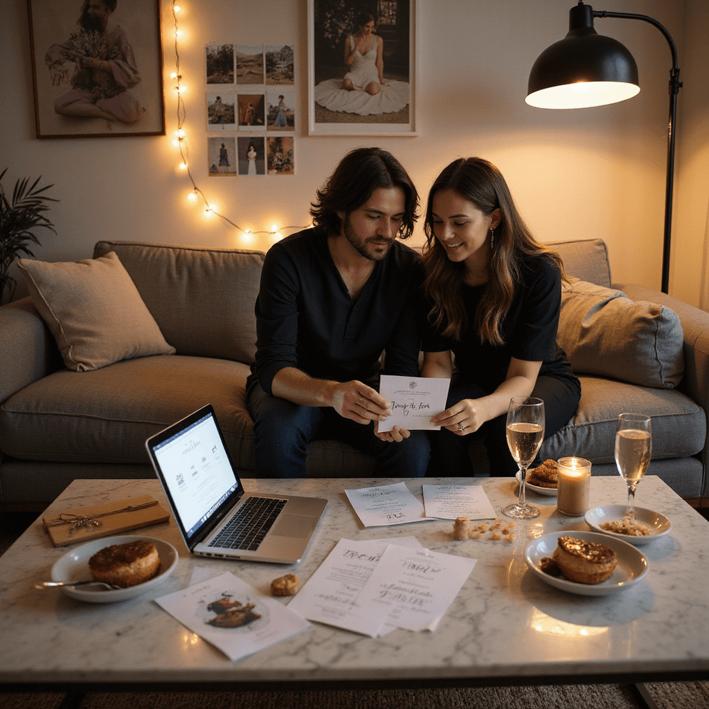 A couple sits on a grey sectional couch in a modern living room, planning their wedding. Invitation samples cover a marble coffee table. String lights and pendant lamps create a cozy ambiance. A mood board with fabric swatches, Polaroid photos, and invitation drafts is visible, along with a laptop displaying mockups. Champagne flutes and dessert plates suggest celebration.
