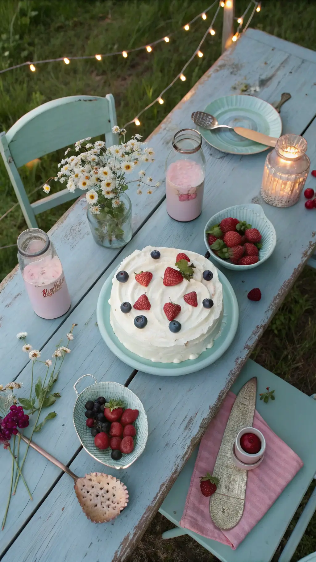 Overhead view of a vintage ice cream social setup on a blue farmhouse table with an icebox cake centerpiece, antique scoops, milk bottles, pink depression glass, wildflowers, and gingham napkins under string lights.