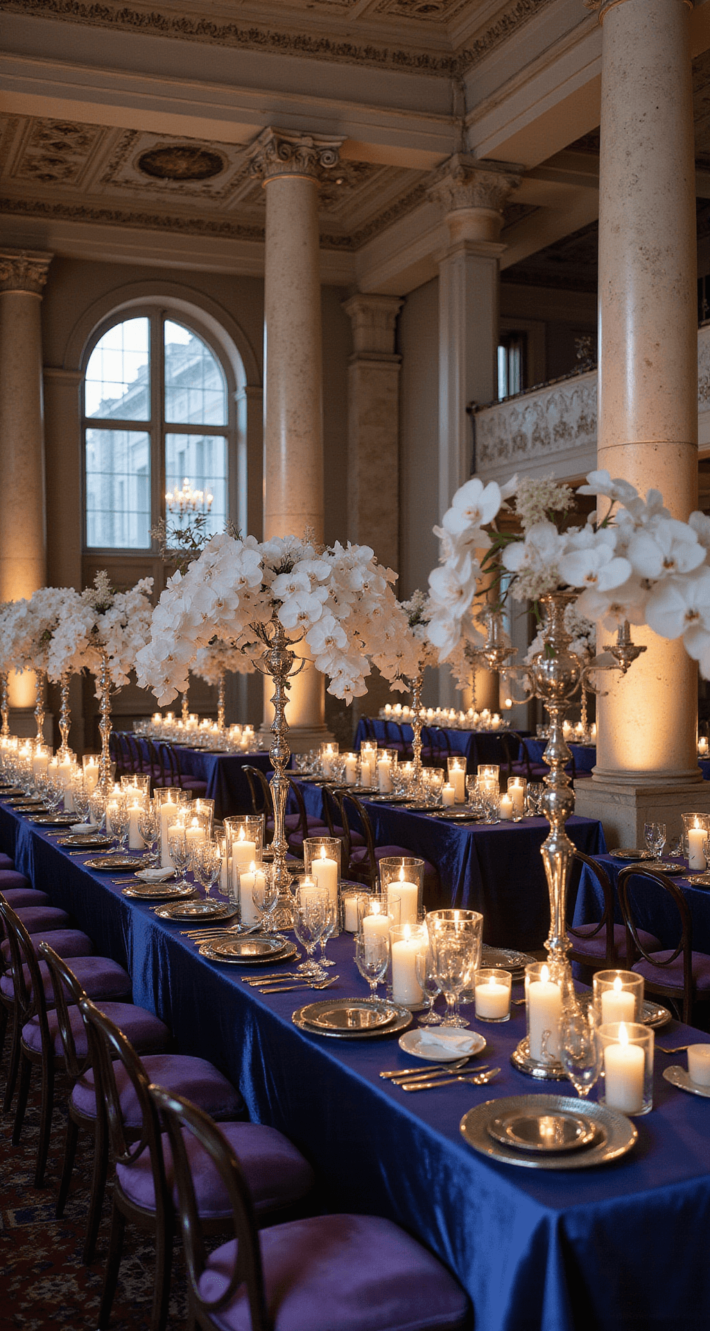 The Ultimate Guide to Wedding Cake Flowers: Stunning Designs That Wow An elegant historic ballroom with marble columns, featuring long tables with midnight blue velvet, floating candles, cascading white orchids, art deco silver and white backdrops, and vintage Persian rugs with violet seating areas.
