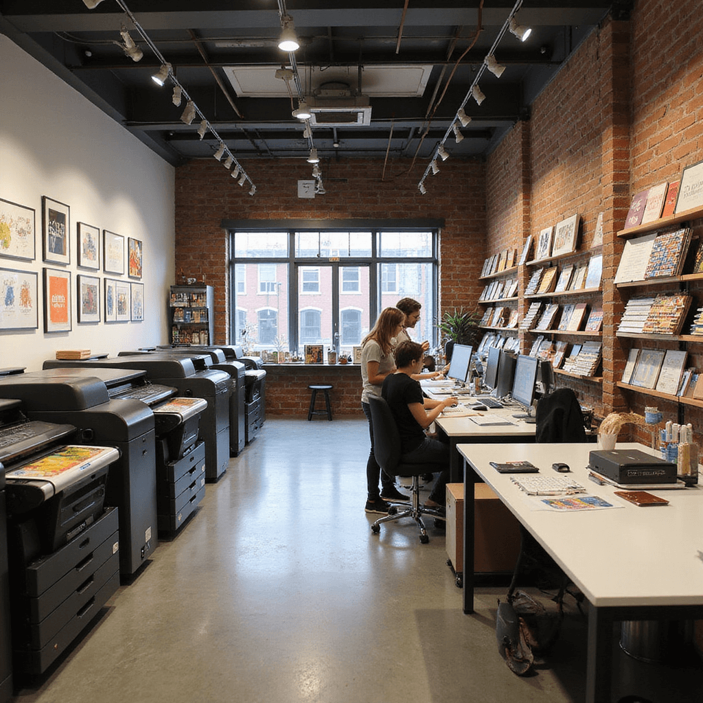 A modern print shop with industrial-chic design featuring high-end printers producing colorful wedding invitations, designers at sleek desks, framed caricatures on gallery walls, and paper samples on steel shelving, all illuminated by track lighting.
