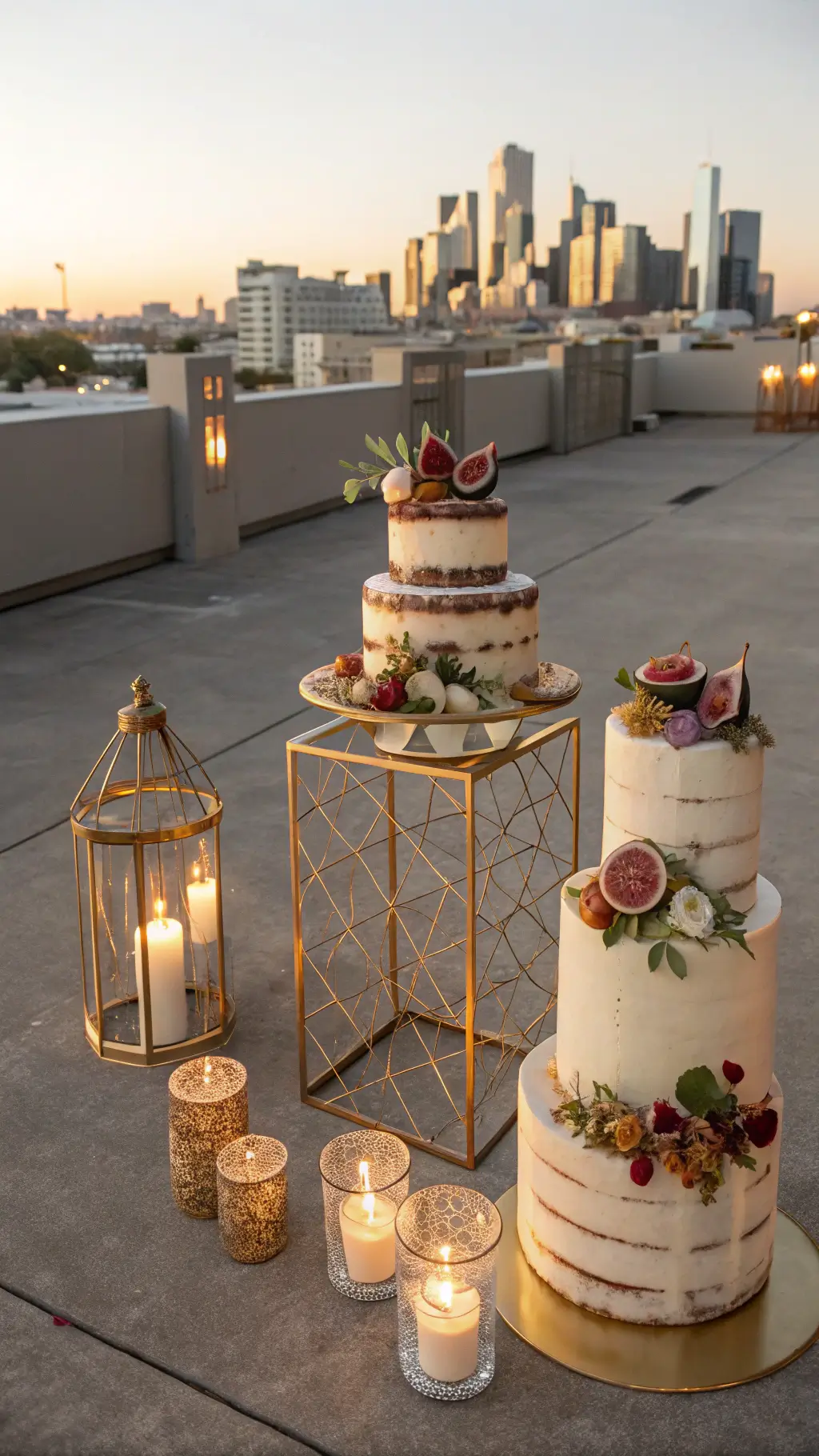 A modern minimalist rooftop venue at sunset with naked cakes on geometric gold stands, adorned with figs, honey, and edible flowers, set against a city skyline. Copper lanterns and pillar candles provide ambient lighting, casting long shadows on the concrete floor.