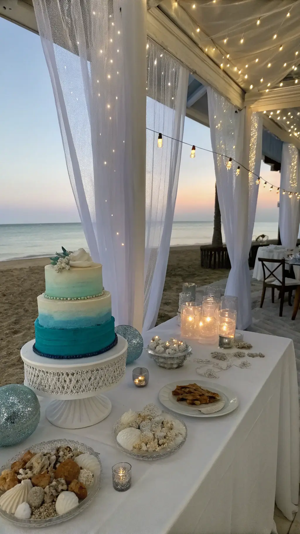 A coastal-themed dessert lounge during blue hour with a table set with a blue ombré cream cake surrounded by seashells, coral, and sea glass; gauzy curtains billow in the breeze and twinkling string lights hang above, enhancing the beach ambiance with silver accents and crystal decor.