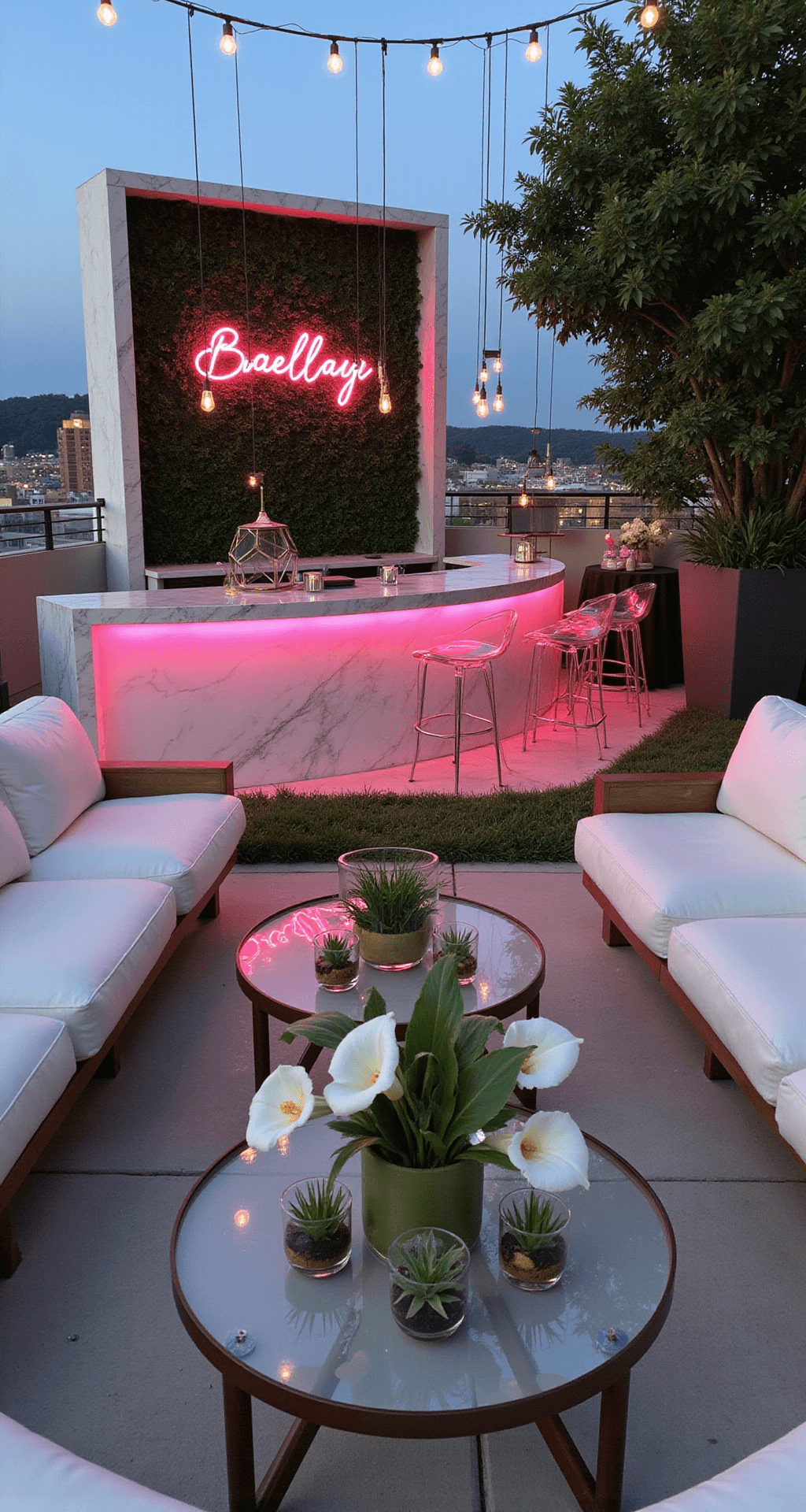 The Ultimate Guide to Wedding Cake Flowers: Stunning Designs That Wow A modern rooftop birthday party at twilight with white lounge furniture, a central marble bar, hanging copper terrariums, neon pink signage, ghost chairs, and minimalist floral arrangements.