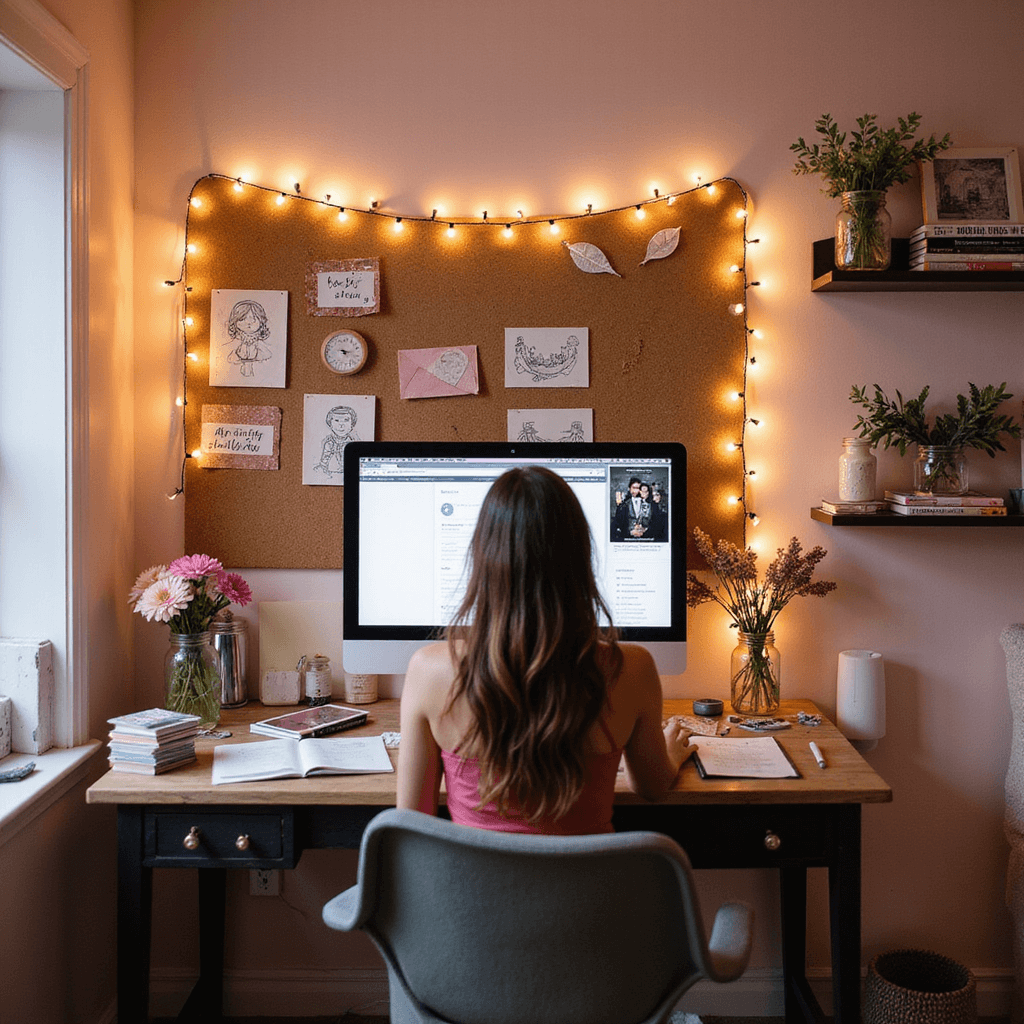 A whimsical home office with fairy lights, a cork board with sketches, a designer at an iMac surrounded by art supplies, set against soft pink walls and accented with fresh flowers and neatly stacked magazines.