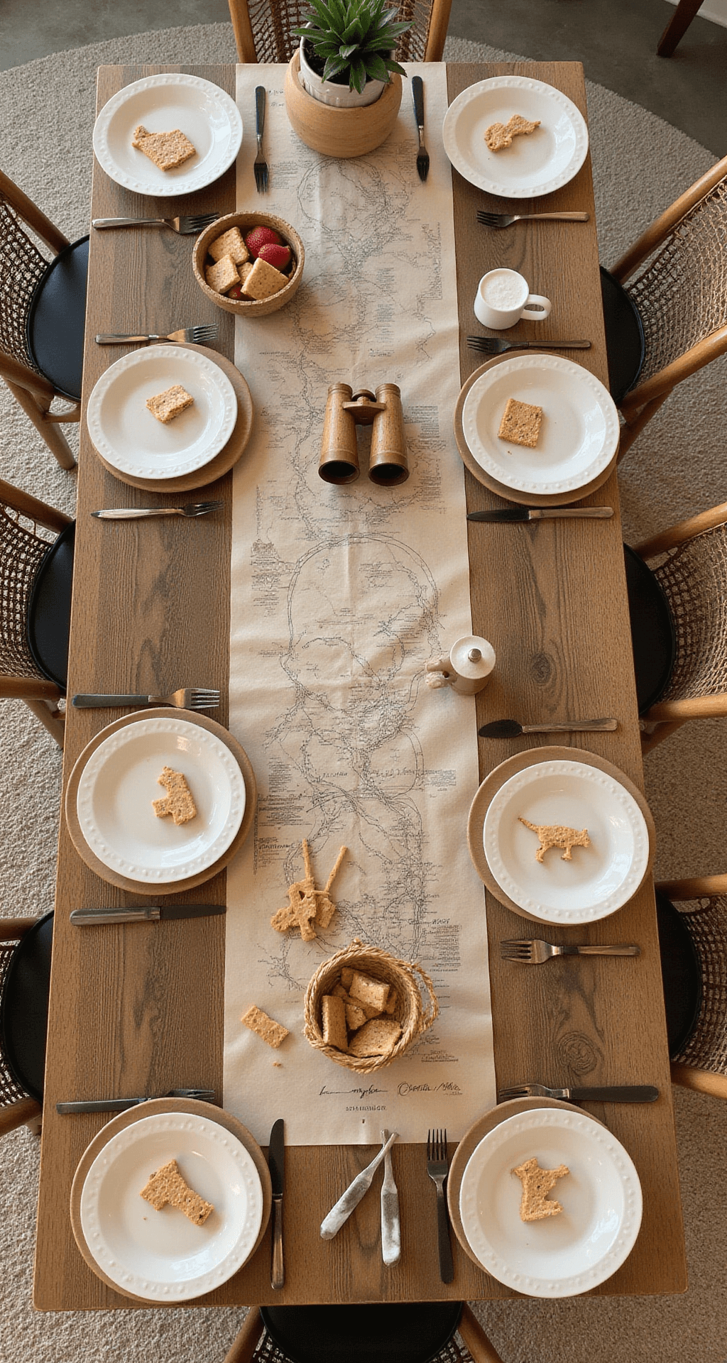 Overhead view of a children's activity table featuring a rustic wooden surface with kraft paper runners, wooden animal stamps, DIY binoculars, woven baskets with art supplies, vintage maps, and compass props. Earth-toned ceramic plates are filled with animal crackers and fruit skewers.