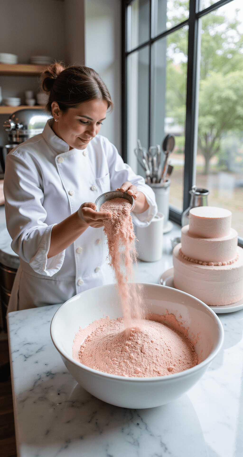 A pastry chef sifting pink flour in a sunlit bakery, with cake tiers, a stand mixer, and baking tools on marble countertops.