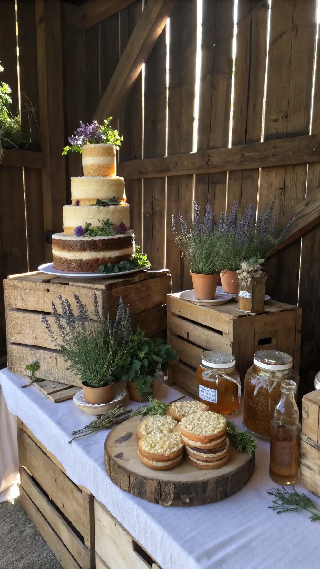 A rustic barn wedding dessert display with herb-infused summer cakes on wooden slices and vintage crates, adorned with lavender sprigs, potted herbs, and honey jars in soft morning light filtering through barn walls.