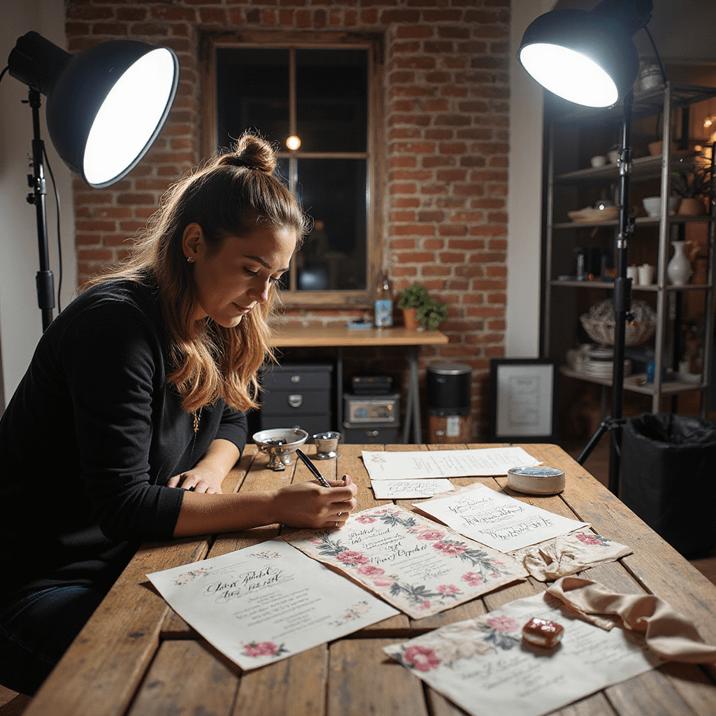 A professional studio setup with ring lights and softboxes illuminating caricature invitations on a styling surface, surrounded by vintage stamps, silk ribbons, and calligraphy pens, with a photographer using a macro lens in a modern space with exposed brick walls and metallic accents.
