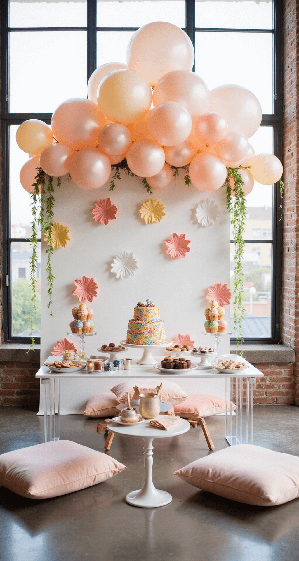 The Ultimate Guide to Wedding Cake Flowers: Stunning Designs That Wow A whimsical children's party in a bright loft with rainbow desserts, balloon clouds, sherbet paper flowers, and craft stations on low tables with velvet cushions.