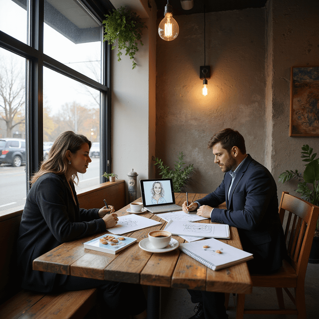 A cozy coffee shop corner with late afternoon light streaming through large windows onto a table covered with sketch paper and reference photos. A caricature artist uses an iPad Pro surrounded by coffee cups, pastry plates, and wedding planning notebooks, creating an intimate consultation scene. Exposed bulb lighting and hanging plants add warmth to the industrial-modern space.