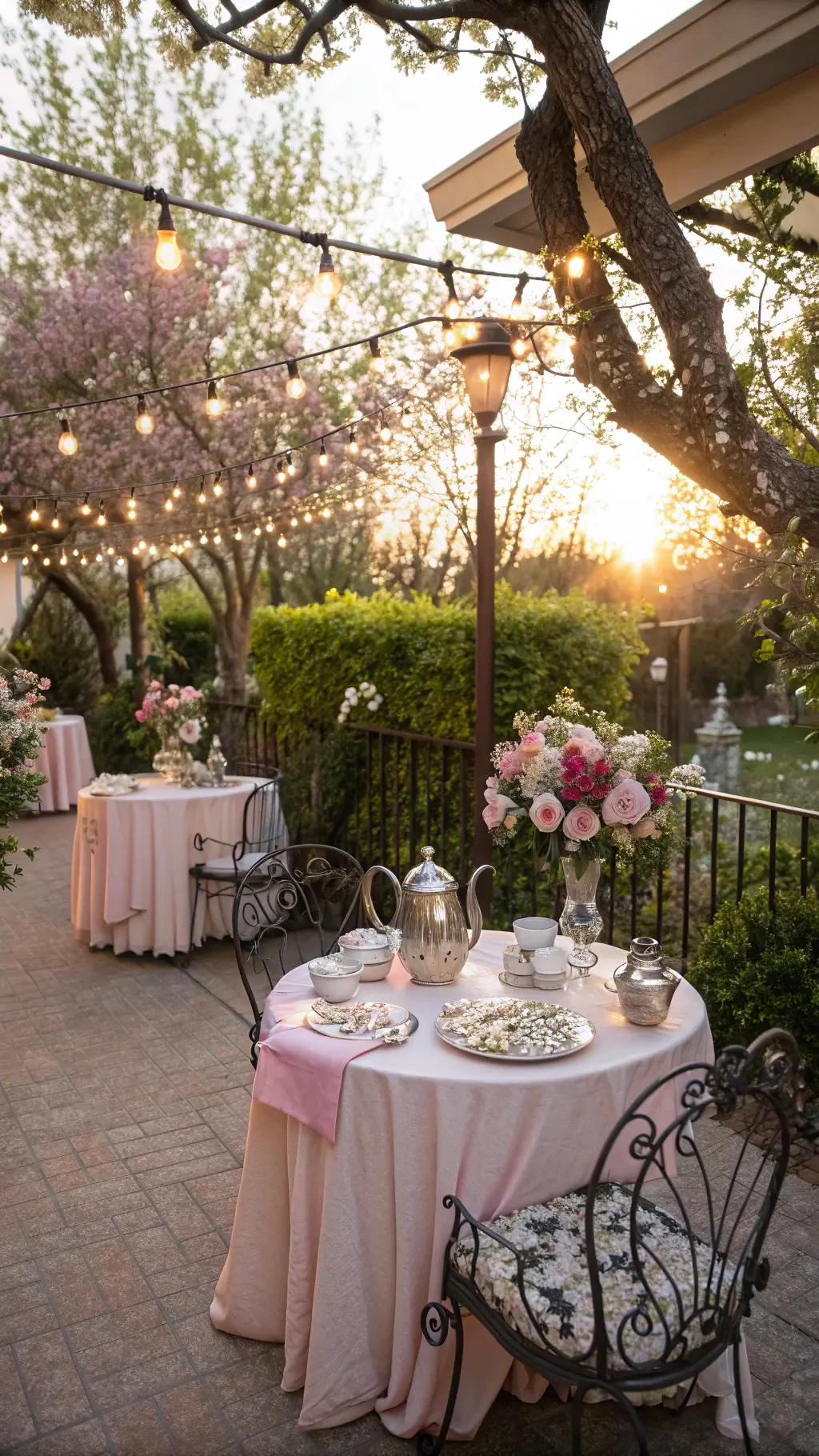A sunlit garden terrace during golden hour with vintage tables, blush silk tablecloths, silver teapots with roses, crystal teacups, fairy lights, gold-rimmed china, and floral napkin rings under cherry trees.