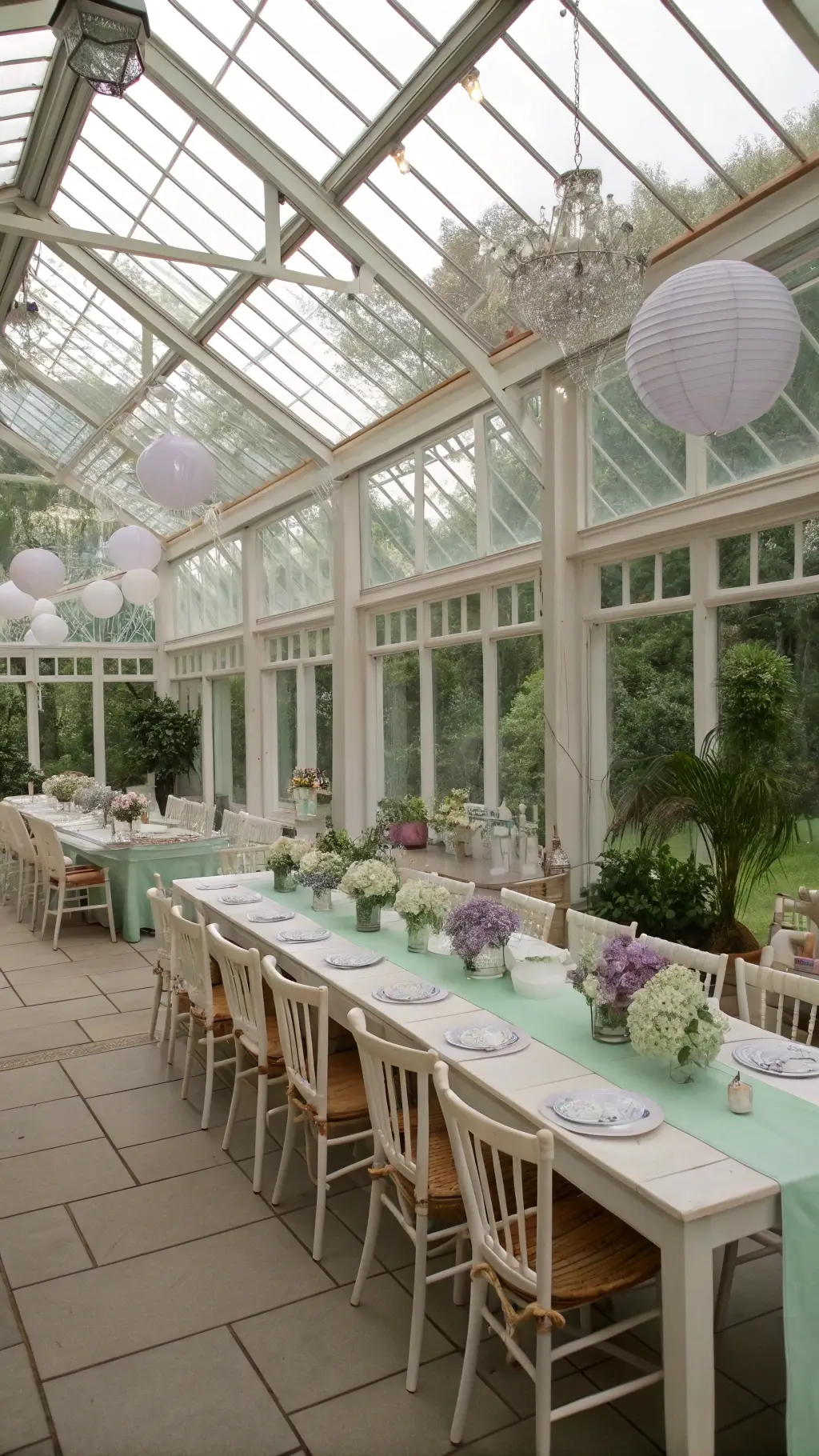 An elegant indoor conservatory with floor-to-ceiling windows, featuring U-shaped white-washed farmhouse tables with mint green runners and crystal compotes with lavender and white hydrangeas; children's ghost chairs with tulle bows and vintage wooden tea party seats, with overhead paper lanterns and butterfly mobiles in natural light.