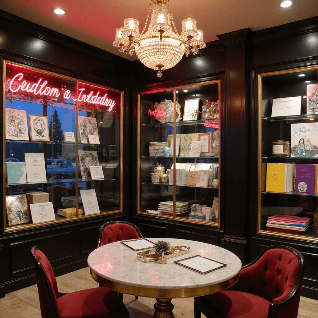 An elegant stationery boutique interior at dusk with glass display cases, neon signage, velvet chairs, brass-accented tables, marble trays, rainbow-hued envelopes, and crystal chandeliers.