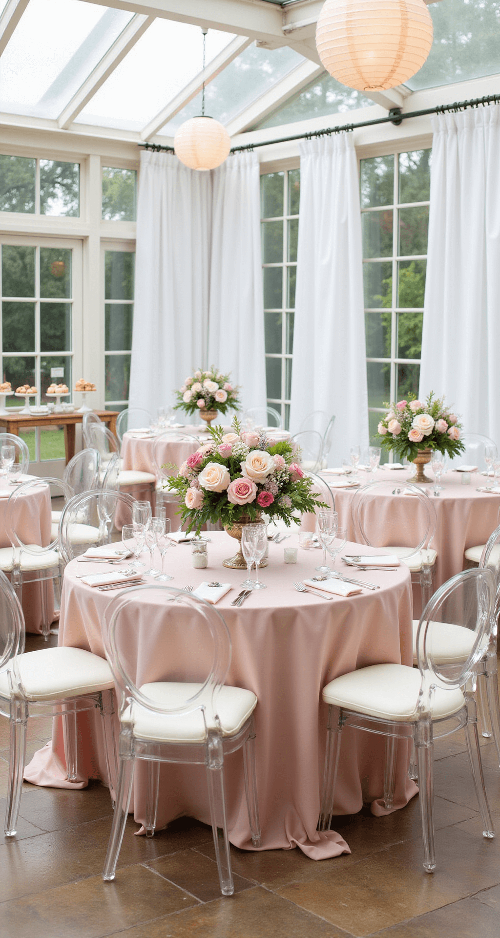 The Ultimate Guide to Wedding Cake Flowers: Stunning Designs That Wow A luxurious baby shower set in a bright conservatory. Round tables are adorned with blush pink silk cloths and topped with fresh garden roses in crystal vases. Ghost chairs with ivory cushions encircle the tables. A dessert cart showcases petit fours on vintage milk glass stands. Sheer white drapes and paper lanterns create a soft, inviting atmosphere.