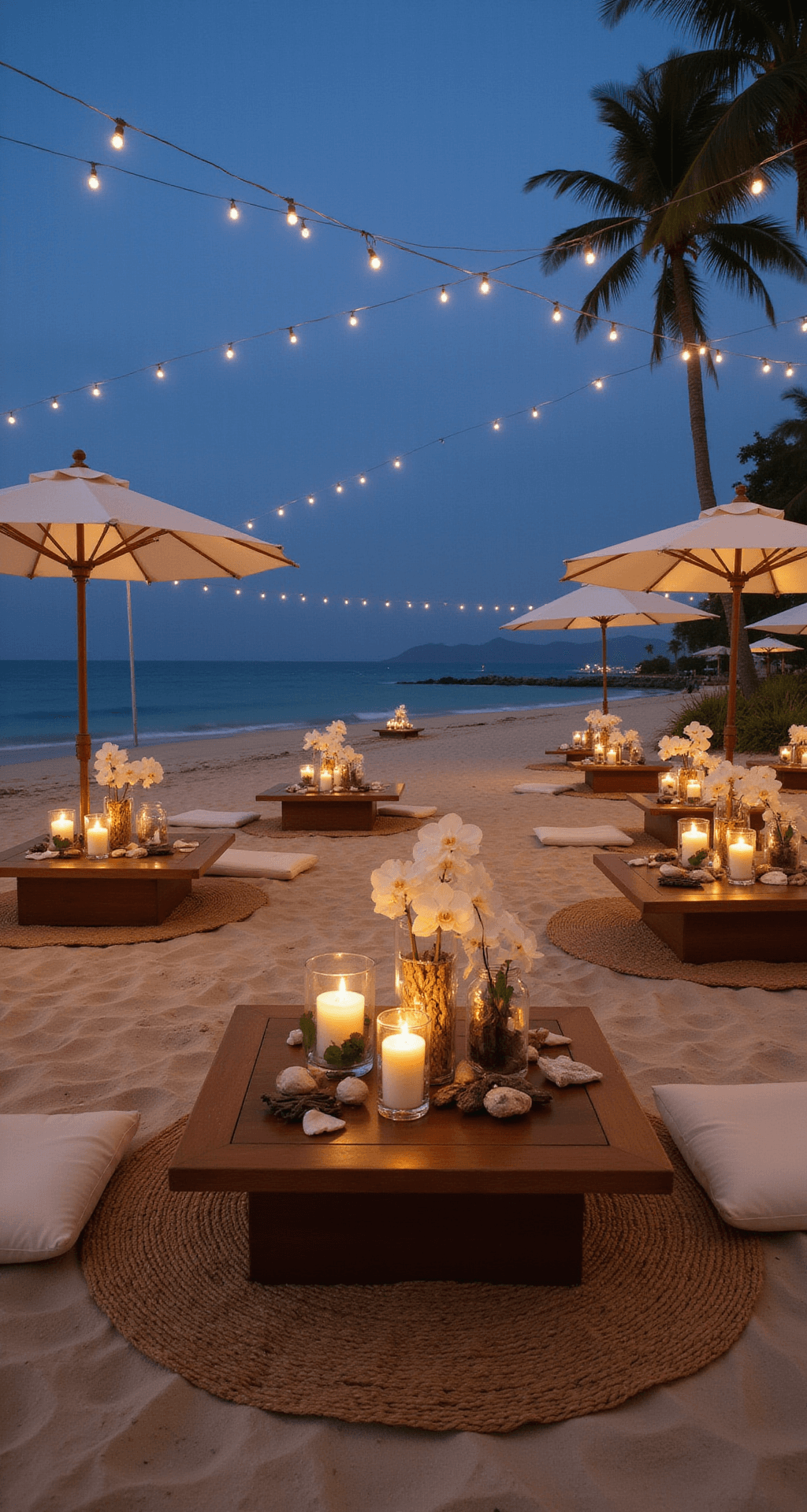 The Ultimate Guide to Wedding Cake Flowers: Stunning Designs That Wow An elegant evening engagement party on a private beach with low wooden tables, ivory floor cushions, and hurricane lanterns, set at blue hour with fairy lights and elegant decor.