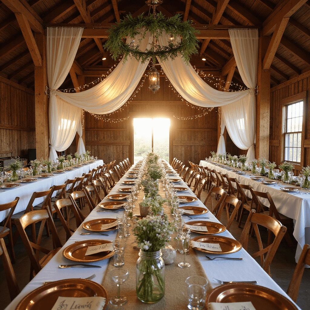 Rustic barn wedding setup at golden hour with wooden beams draped in white fabric and string lights, farmhouse tables with burlap runners, wildflower mason jar centerpieces, vintage china, and greenery-decorated ladder overhead.