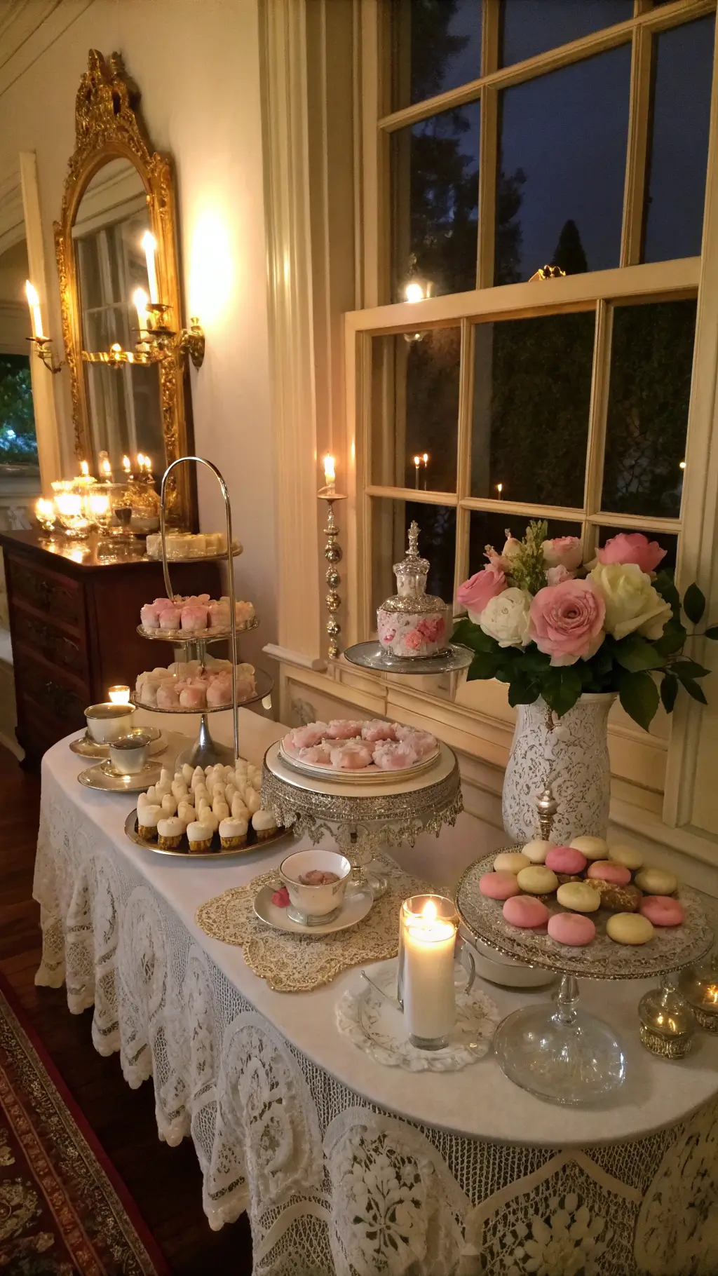 A cozy Victorian parlor at dusk with mercury glass votives illuminating tea tables adorned with lace and pastel treats, surrounded by vintage teacups, silver services, and fresh flowers in porcelain vases.