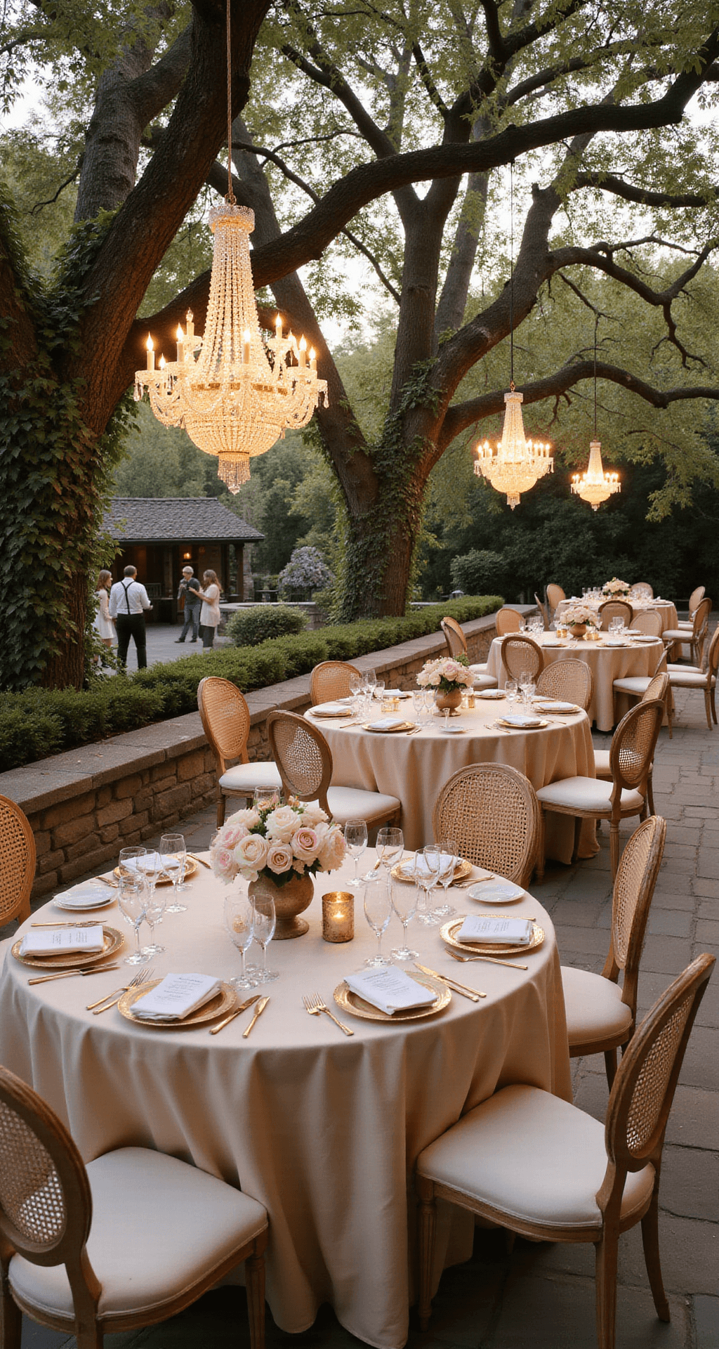 A sophisticated garden dinner party at sunset, featuring stone terraces with wisteria, round tables with champagne linens, and crystal chandeliers in oak trees. Pale pink peonies and ivory roses adorn the tables. Guests mingle on cane-back chairs as servers carry trays, all under a soft, ethereal glow.