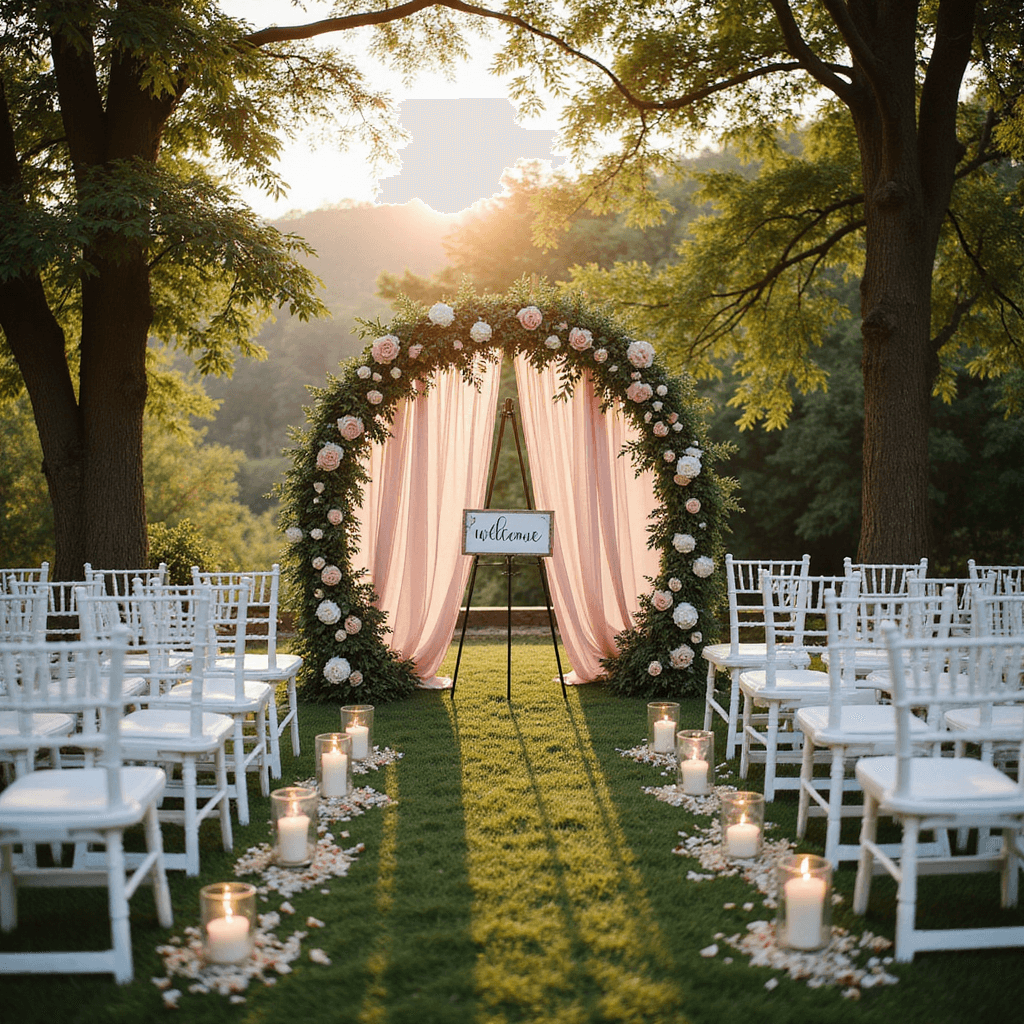 Aerial view of a garden ceremony setup at magic hour with circular seating of white chairs, a floral arch, and a handpainted welcome sign. The aisle features candlelit glass hurricanes and rose petals, with soft pink tulle draped between trees. Golden sunlight filters through the leaves.