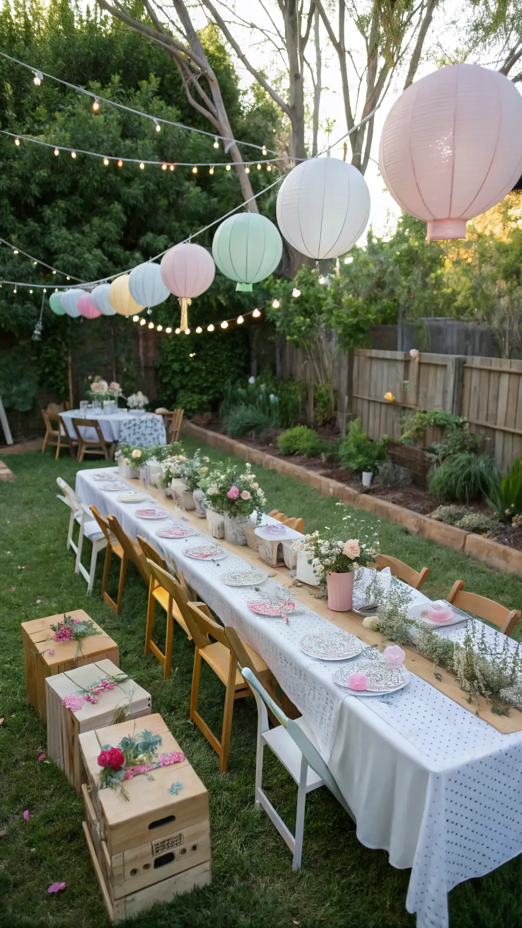 Drone view of a whimsical backyard with farmhouse tables draped in white linen and polka dot tulle, wildflower centerpieces, pastel-painted children's chairs with balloon bouquets, and a canopy of oversized paper flowers and ribbon streamers amidst natural garden surroundings.