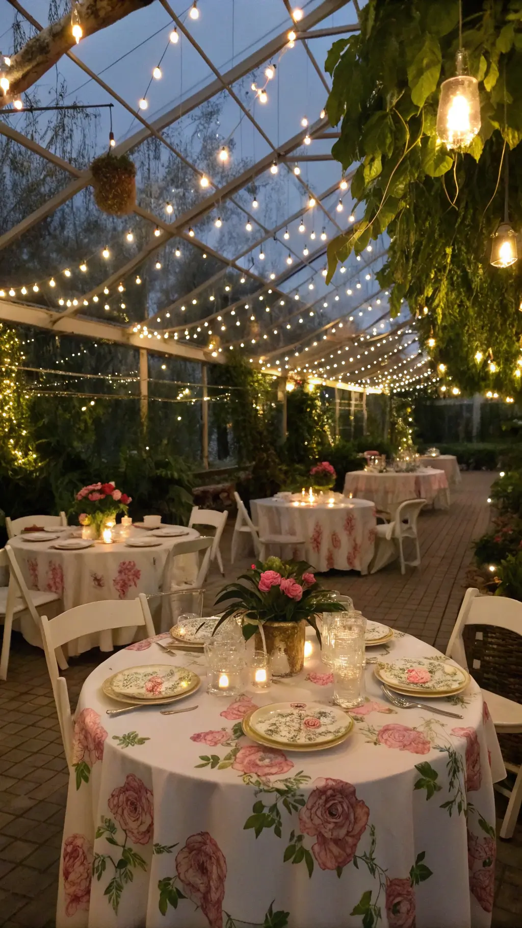 An atmospheric twilight greenhouse filled with twinkle lights, elegant table settings with rose centerpieces, butterfly plates, crystal pink lemonade flutes, and hand-painted cookies, framed by trailing vines and orchids. tea for two birthday party