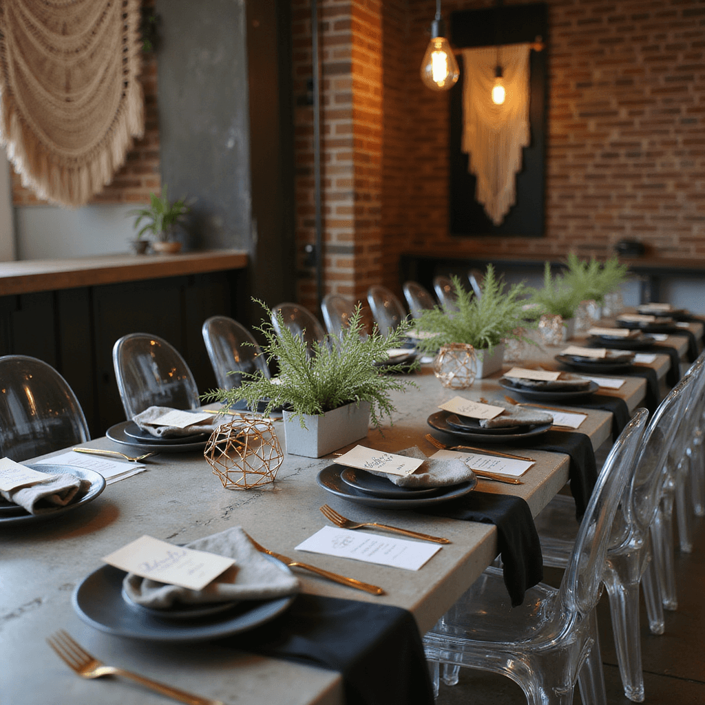 Close-up of a modern industrial loft reception with a geometric metallic centerpiece featuring air plants and copper wire on a concrete table. Matte black plates, gold flatware, and vellum name cards adorn the table. Ghost chairs with geometric cushions are nearby, set against an exposed brick wall with DIY macramé and Edison bulb installation, all highlighted by moody ambient lighting.