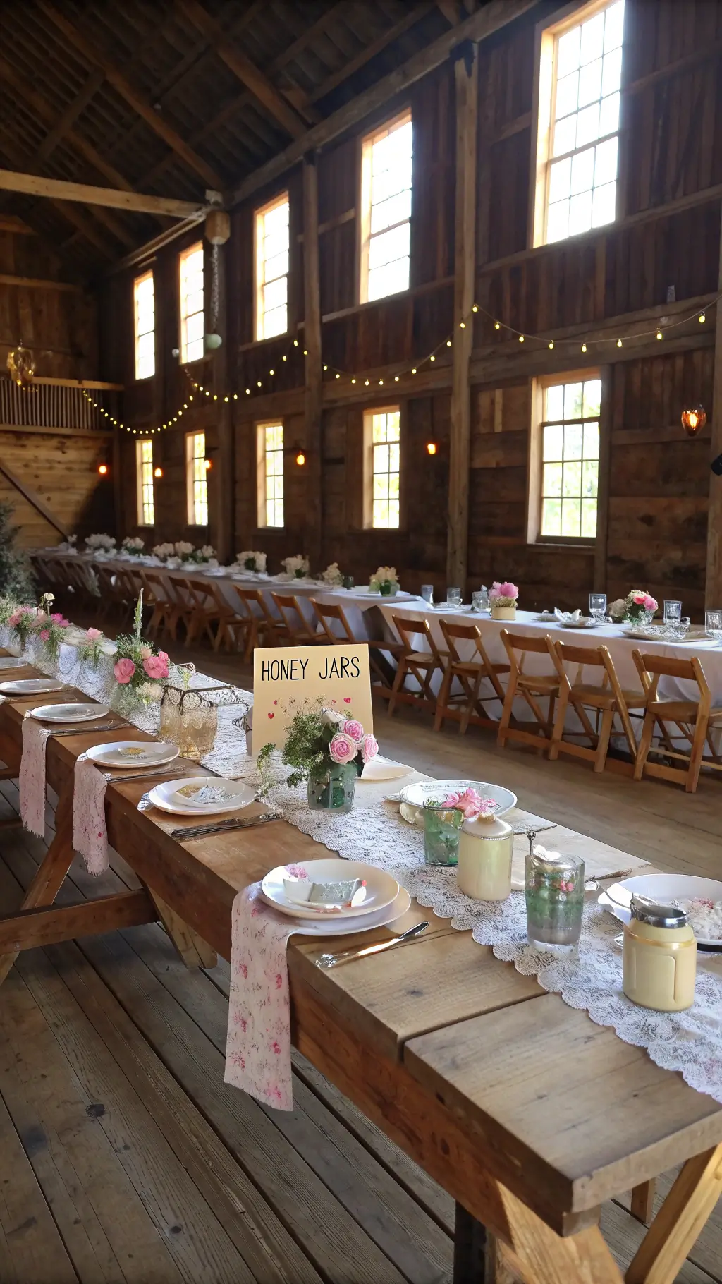 Restored barn interior with sunlight streaming through windows, featuring raw wood tables with vintage runners and pastel china teacups, rustic centerpieces of baby's breath and roses, craft paper place settings with gold calligraphy, and honey jars with custom labels. tea for two birthday party