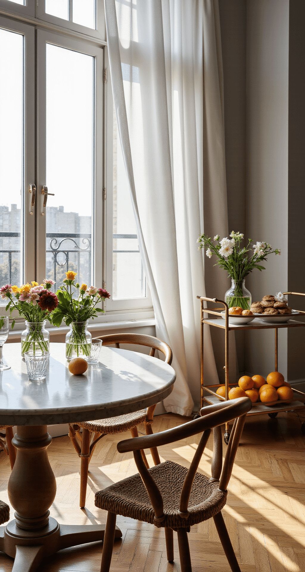 A cozy and intimate brunch setting featuring a round marble table with rattan chairs, vintage crystal tableware, and vibrant floral arrangements beside sunlit floor-to-ceiling windows.