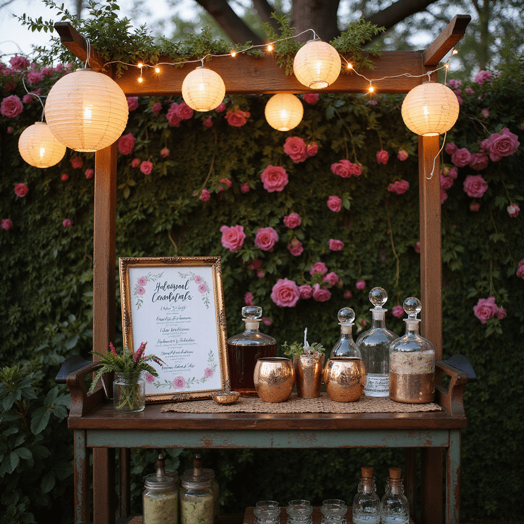 Twilight backyard cocktail setup with vintage drink cart, handwritten botanical menu, crystal decanters, copper mugs, paper lanterns, bistro lights, botanical ice cubes, fresh herb garnishes, and a blooming garden backdrop with fairy lights.