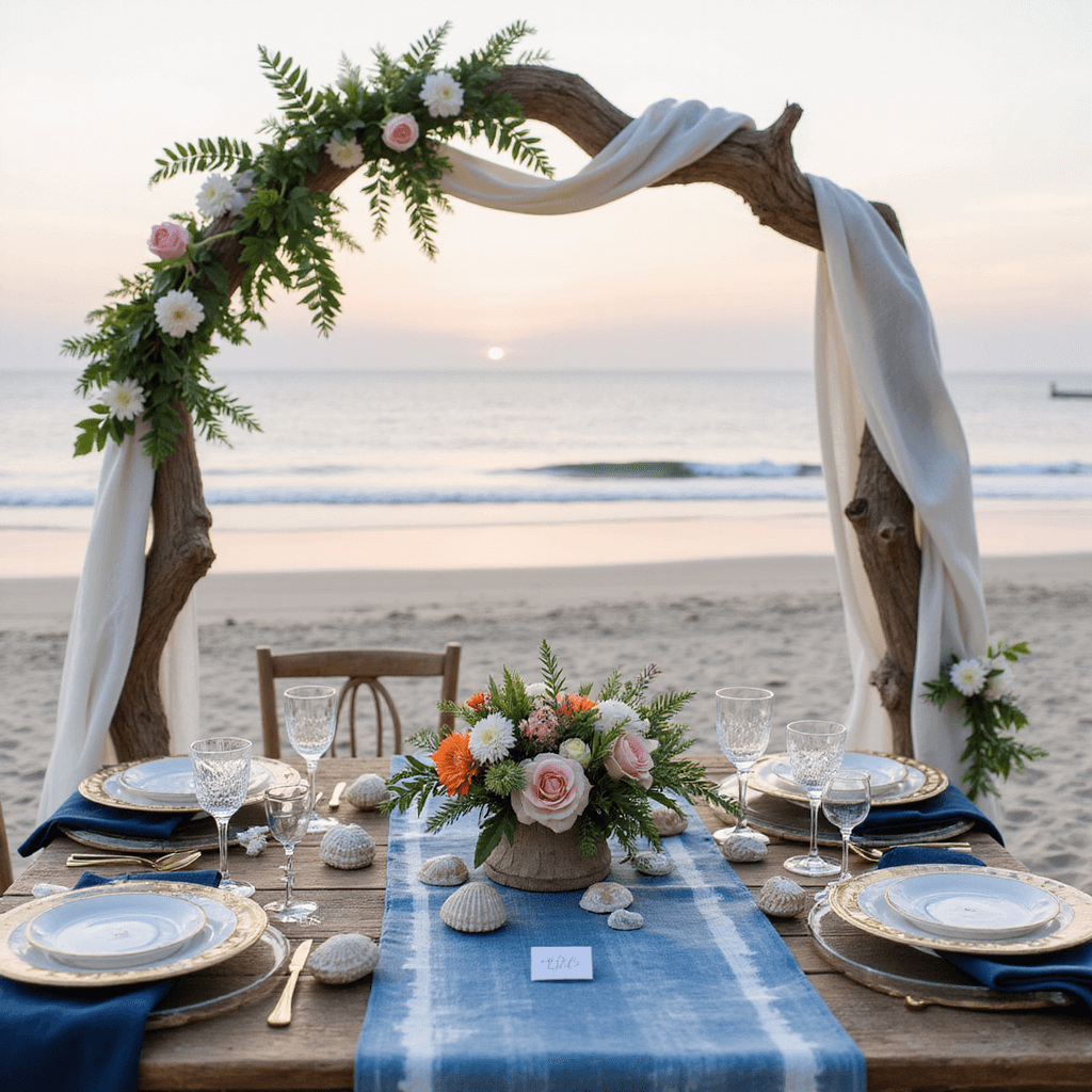 A romantic beachfront sweetheart table at sunset, featuring a driftwood arch adorned with white fabric, seashell garlands, and tropical flowers. The table is styled with an indigo runner, crystal candle holders, and a coral-inspired centerpiece, with place settings of gold-rimmed chargers, navy linens, and hand-calligraphed shell place cards. A soft pastel sky and gentle waves are visible in the background.