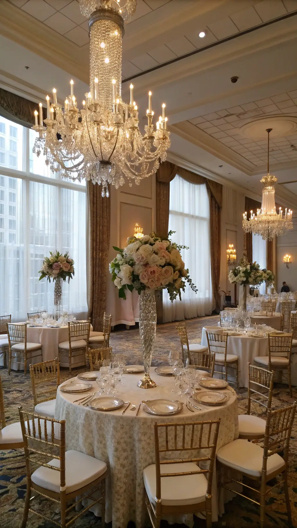 A luxurious hotel ballroom adorned with pearl-white silk tablecloths, metallic lace overlays, and towering crystal candelabras with flowers; gold chargers, hand-painted china, and silver teapots on tables; paper lanterns and chandeliers above; shot from a low angle. tea for two birthday party
