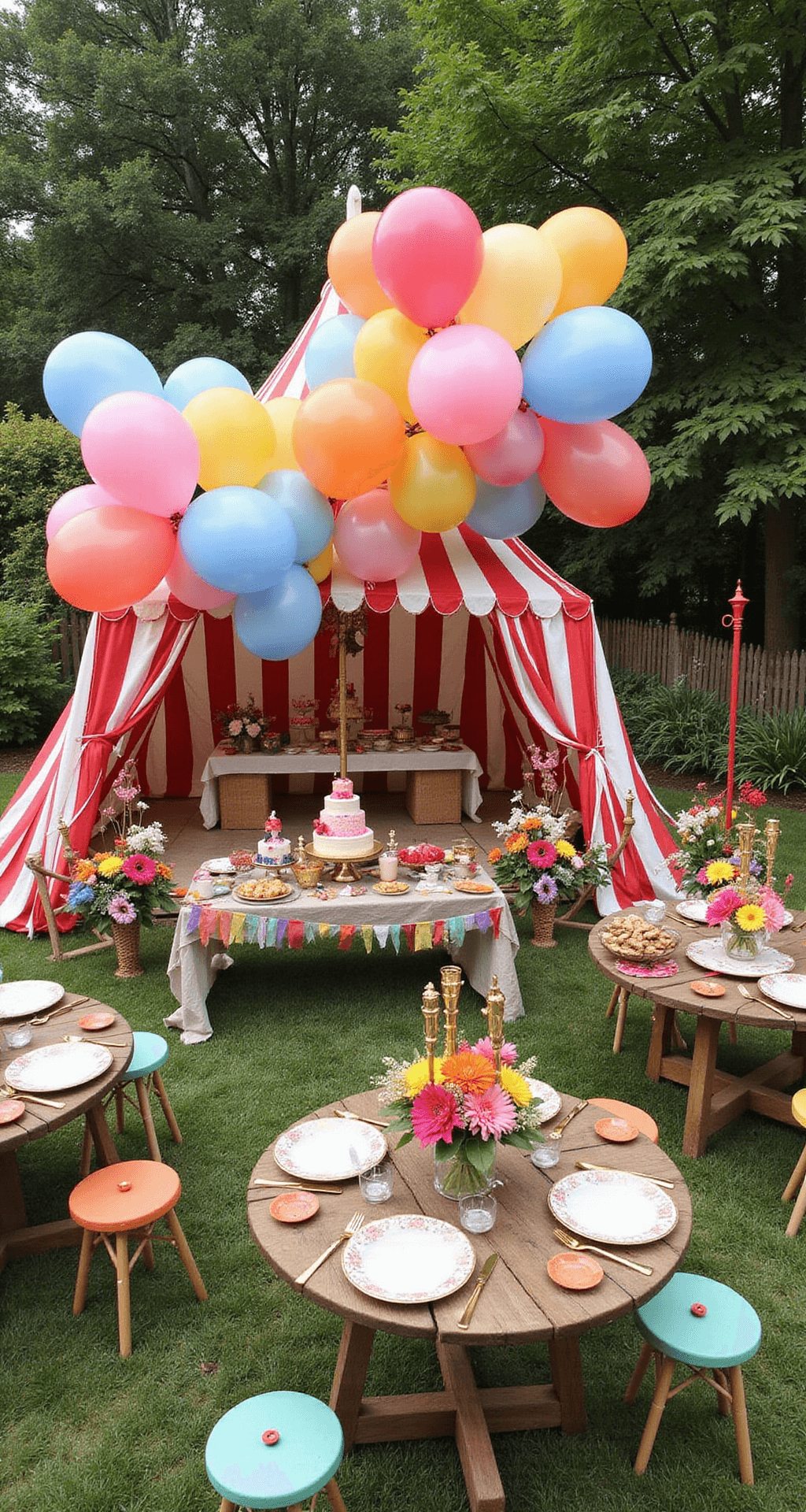 Overhead view of a whimsical children's birthday party in a transformed backyard with a vintage circus theme, featuring a striped carnival tent, dessert table with tiered cakes and cotton candy, oversized balloons, rustic farm tables with gold-rimmed plates, colorful paper pinwheels, giant paper flowers, and ribbon streamers.