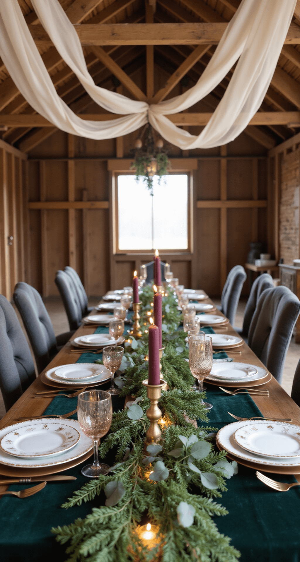 Long harvest table in a rustic barn, adorned with green velvet linens, vintage brass candlesticks with burgundy candles, copper chargers, antique cutlery, pine and eucalyptus garlands with fairy lights, beneath exposed beams draped with sheer fabric.
