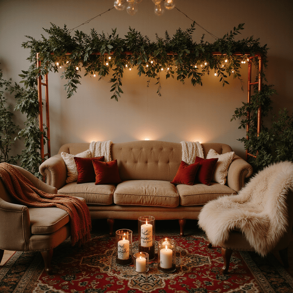A cozy winter wedding lounge with vintage furniture, velvet pillows, faux fur throws, a copper pipe backdrop with eucalyptus and fairy lights, varied height candles in mercury glass holders, a layered Persian rug, and a hot chocolate bar with hand-lettered mugs, all under warm intimate lighting.