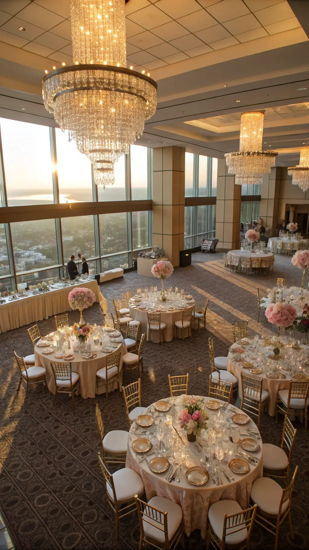A grand ballroom bathed in golden hour sunlight, featuring champagne silk dressed round tables with blush peony and white orchid centerpieces. Crystal chandeliers cast prismatic reflections, with place settings of gold-rimmed chargers and fine china, and ivory chiavari chairs with blush cushions. Princess Tea Party
