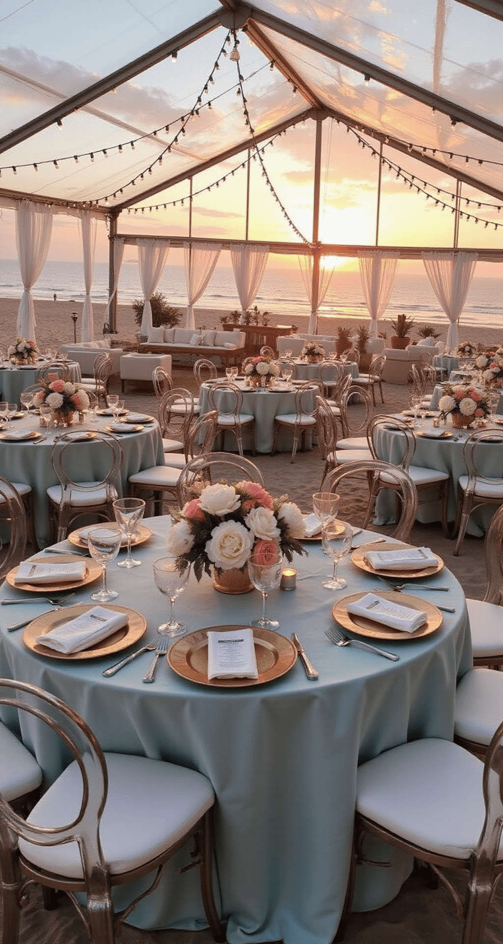 Beachfront wedding reception at sunset with a glowing clear tent, seafoam silk tables, lounge areas with white linen sofas, and rattan peacock chairs; decorated with white delphinium and coral charm peonies.