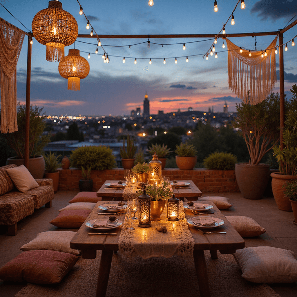 Bohemian rooftop celebration scene with low tables, floor cushions, Moroccan poufs, macramé runners, brass lanterns, succulents, rattan pendants, string lights, dream catchers, and textile wall hangings against a sunset city backdrop.