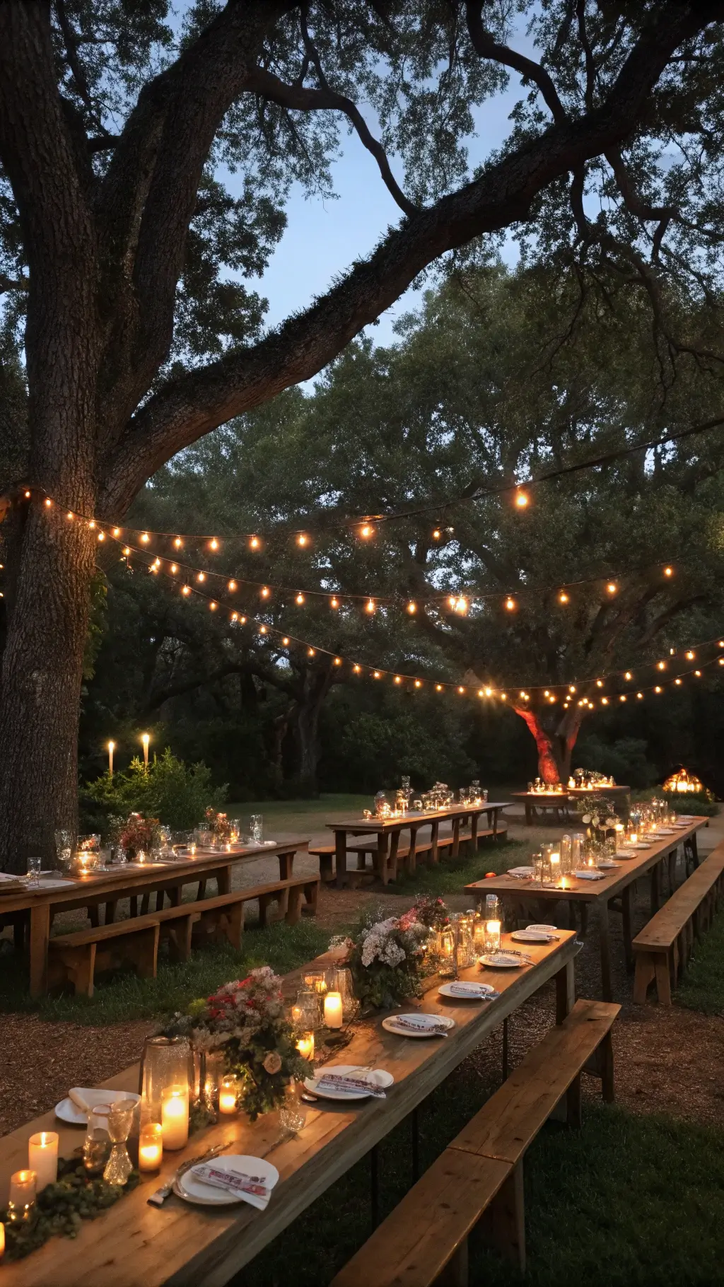An intimate garden ceremony at twilight with vintage wooden tables beneath oak trees, strung with market lights and surrounded by candles. Tables are adorned with wildflower centerpieces in copper vessels and rustic-luxe table settings, viewed from ground level under a dusky sky. Princess Tea Party
