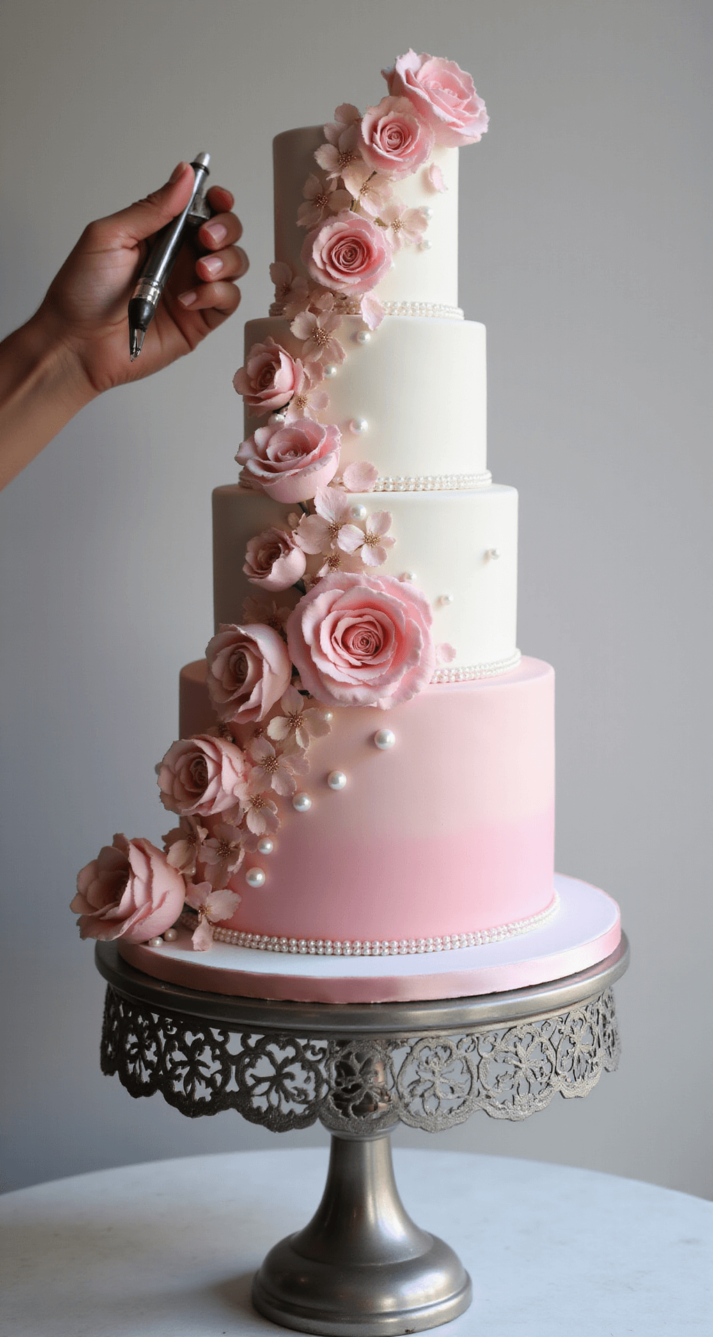 A 4-tier pink ombre wedding cake with sugar flowers, pearls, and rose petals on a silver stand.