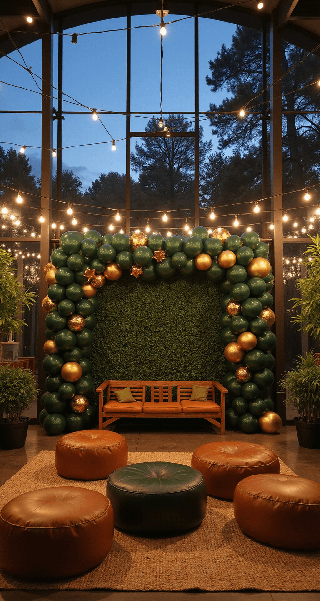 Cinematic wide shot of a modern indoor-outdoor venue at dusk with warm market lights, a spectacular photo wall with green and gold decor, and cozy lounge areas with leather poufs and rugs.