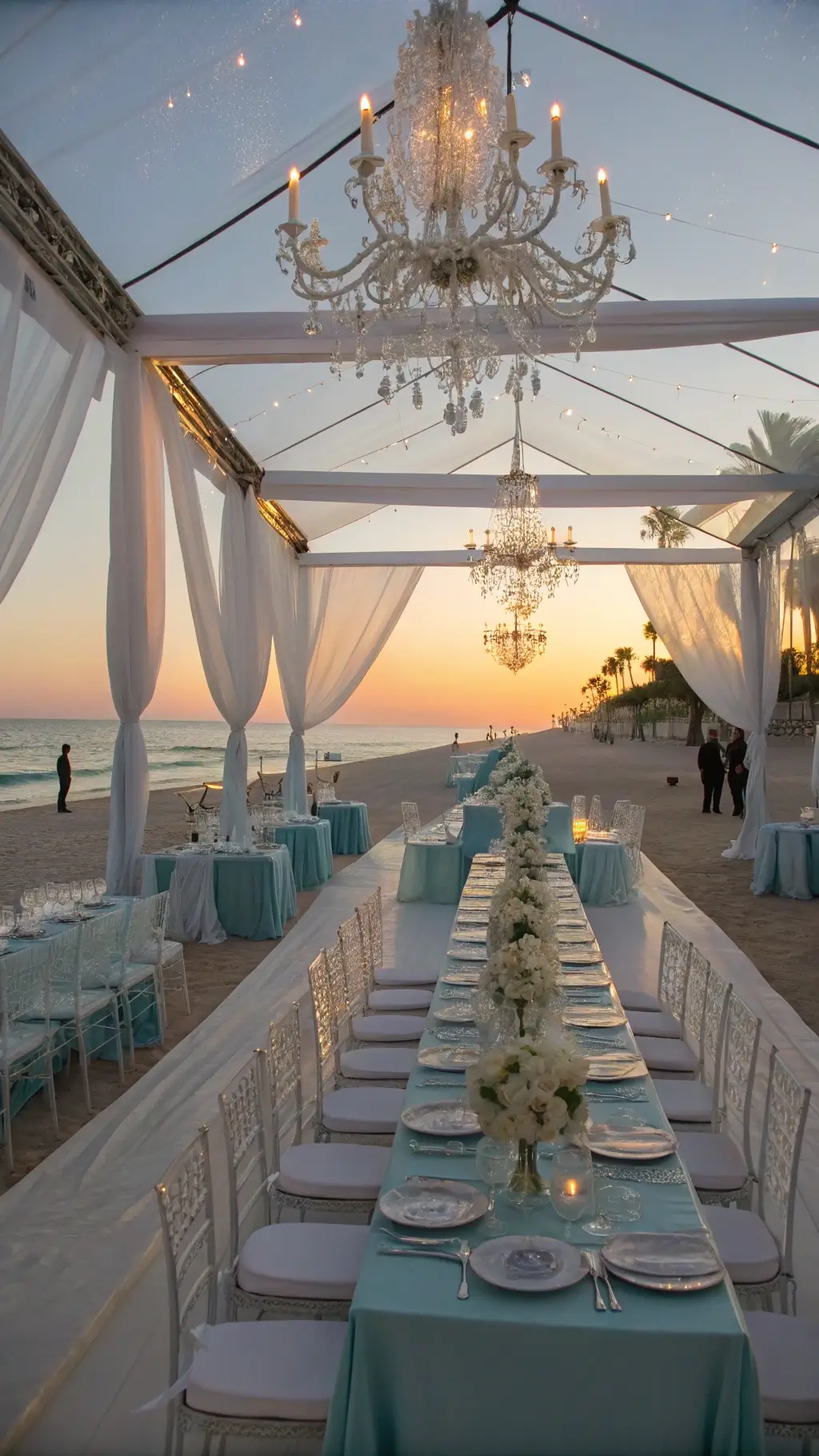 A luxurious beachfront event at sunset features a clear-top tent with white draping and chandeliers, acrylic tables with ghost chairs, ice blue linens, coral motif runners, and floating orchid centerpieces against an ocean backdrop. Princess Tea Party