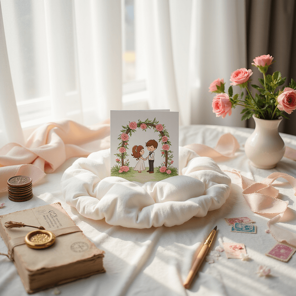 A whimsical cartoon wedding invitation on an ivory silk cloud, surrounded by watercolor brushes, gold calligraphy pens, pastel blooms, vintage stamps, wax seals, and blush pink ribbons, with soft morning light through sheer curtains.