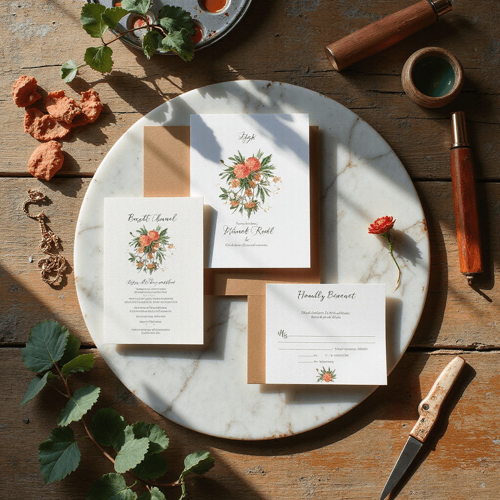 Overhead flat lay of a design workspace featuring a luxury cartoon invitation suite with gold foil and hand-painted elements, surrounded by rose gold scissors, paper samples, paint palettes, and sage and terracotta botanical accents on a weathered wooden desk.