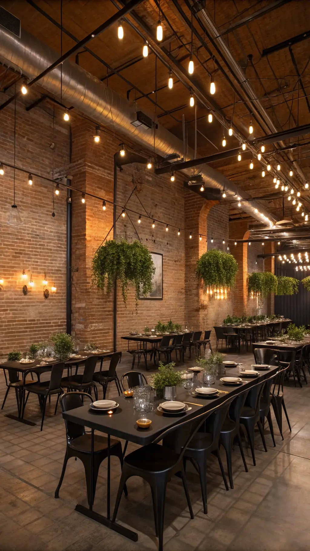Modern industrial loft with exposed brick and uplighting, black metal dining tables, geometric terrariums, matte black stoneware, brass flatware, smoke gray glassware, and Edison bulbs overhead creating a starry effect.