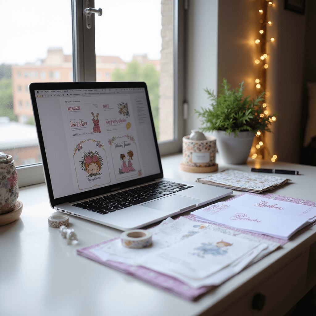 A close-up of a DIY invitation crafting setup on a modern white desk with personalized cartoon templates, a MacBook showing digital artwork, and supplies like washi tape and lavender and silver craft papers, highlighted by window light and bokeh from string lights.