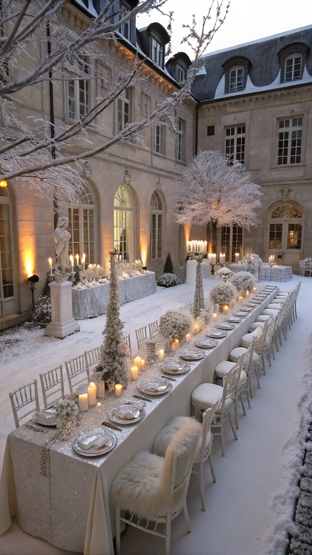 Drone view of a snow-covered château courtyard transformed into a winter wonderland reception, featuring mirrored tables with silver sequined linens and frosted glass chargers, framed by crystal-encrusted trees. Silver candelabras with white candles are surrounded by white amaryllis, silver brunia, and snow-dusted pine arrangements. Ghost chairs with white fur throws offer seating, with warm lighting adding contrast to the cool winter scene. Princess Tea Party